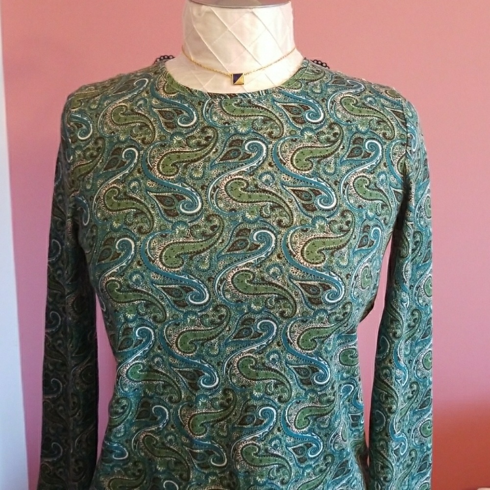 Petite Cotton Green Blue Swirl Long-Sleeved Top